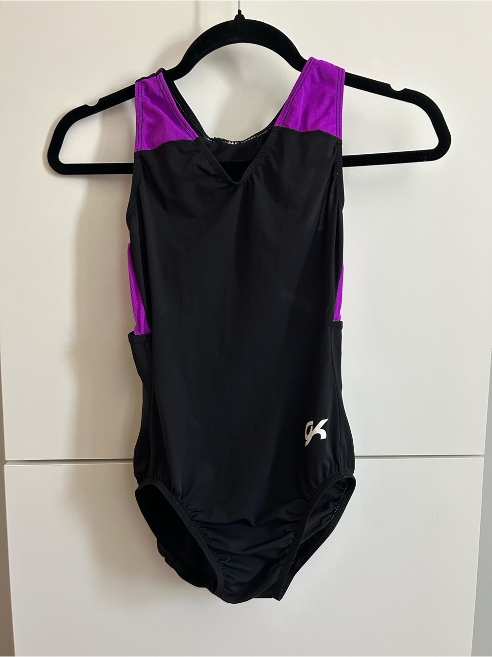 GK Black and Purple Gymnastics Leotard - Size AM Adult Medium